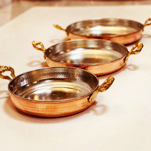 ماهی تابه مسی دو دسته برنجی سایز2، قطر 20،ارتفاع 4