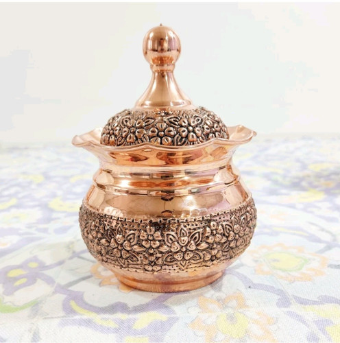 قندان مسی قلم کاری گلبرگ سیاه قلم