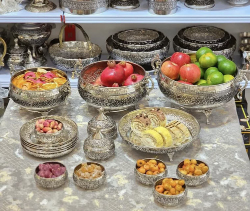 سرویس پذیرایی مسی کروم اطلس نیلوفر ۱۸ تیکه