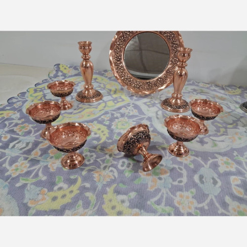 هفت سین مسی شش تایی و آینه شمعدان گلبرگ مسی زیبا