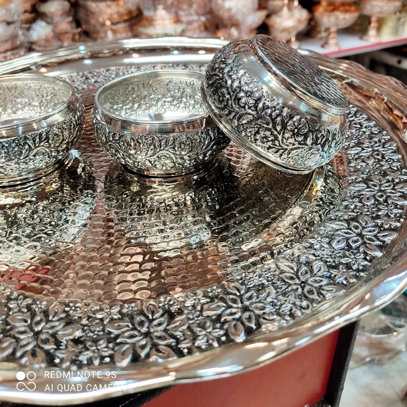 پیاله هفت سین شش تایی مسی کروم زیبا و جدید کار شیک سیاه قلم