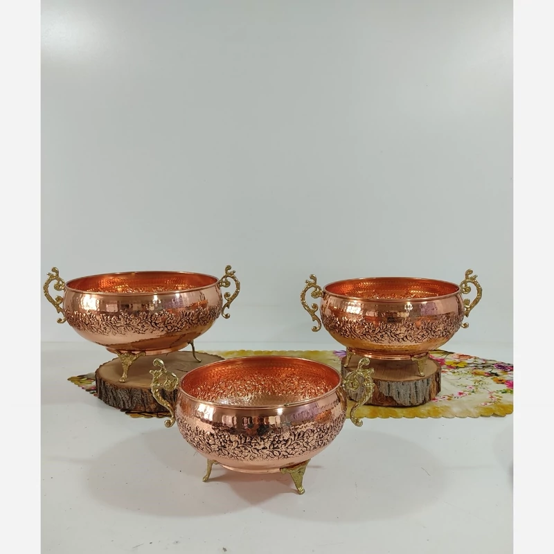 سرویس پذیرایی مسی 3 تیکه دست ساز گل برجسته قلم زنجان