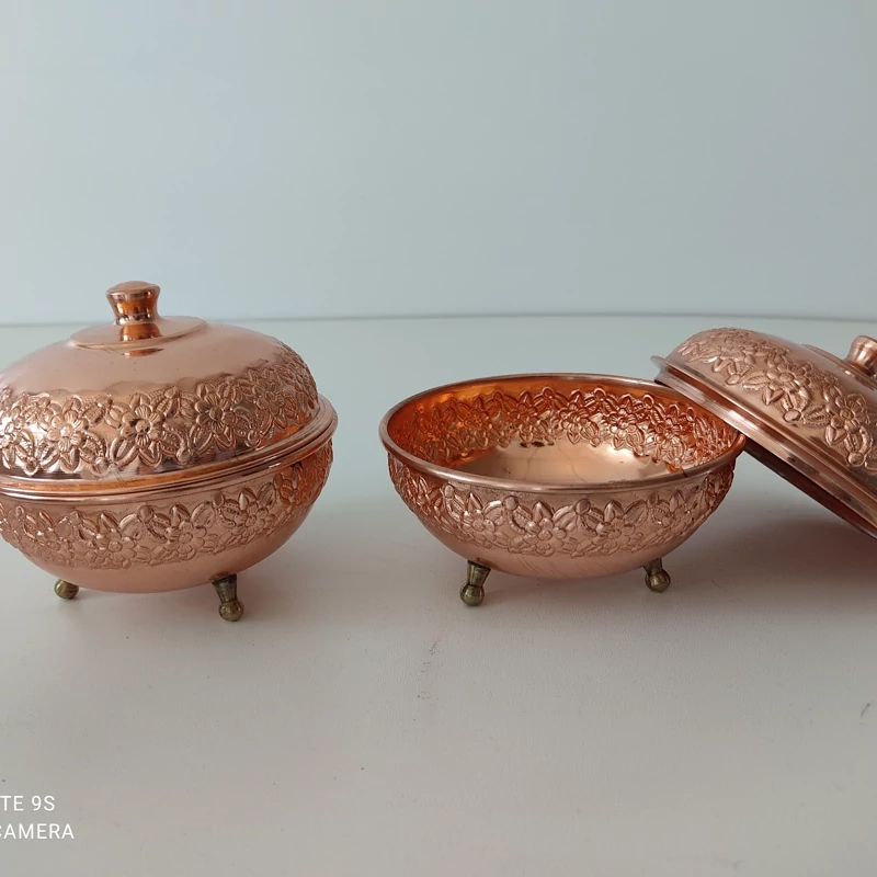قندان مسی سه پایه دو عددی کار شیک  نانو شده با طرح گل رز