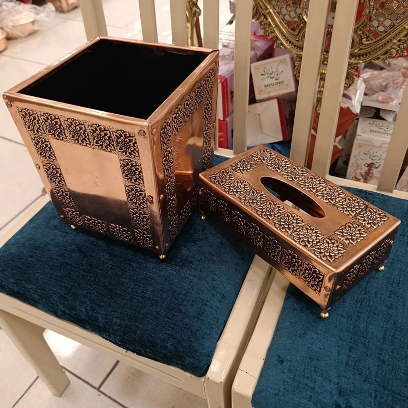 ست جا دستمالی (کلنکسی) و سطل زباله مسی گلبرگ زنجان نانو شده