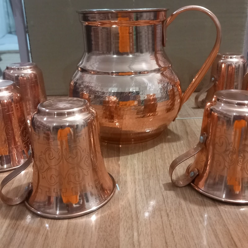 پارچ و شش عدد لیوان تمام مسی زنجان رنگ ثابت