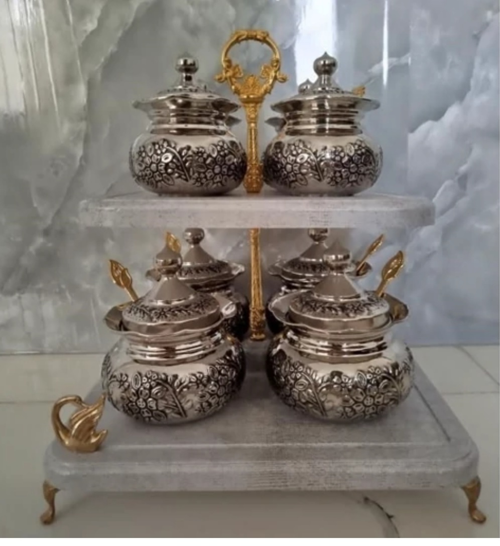 پاسماوری مسی و جا ادویه مسی گروم گلبرگ ۸ عددی درجه‌یک نانو شده سیاه قلم گل برجسته