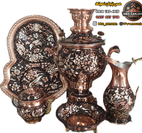سماور مسی الماس تراش نقره کوب ۴ لیتری همراه سرویس ۵ تیکه نانو