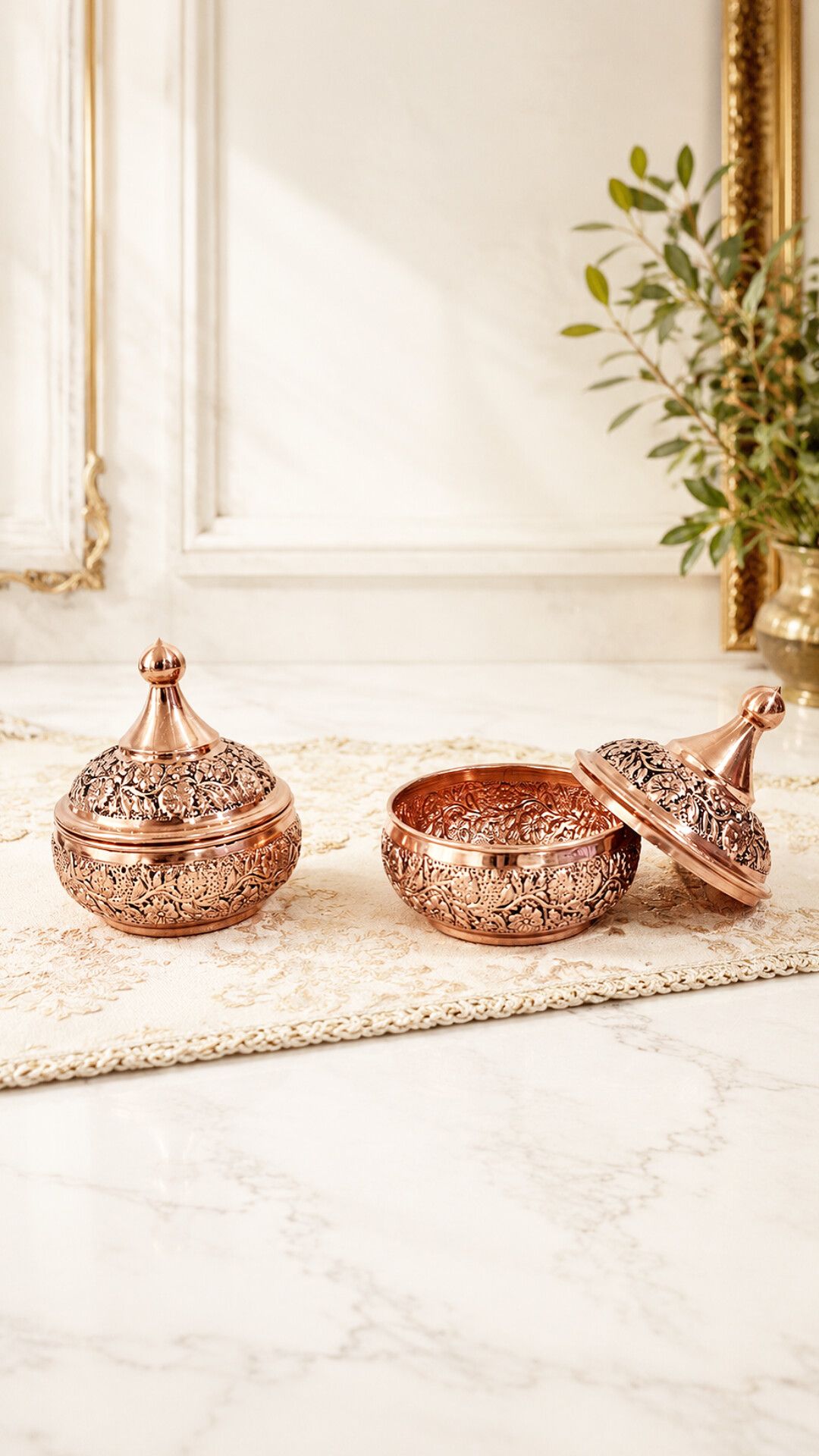 قندان مسی دو عددی اطلس گلبرگ زیبا نانو شده