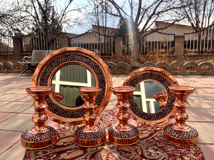 آینه و شمعدان مسی کروم گلبرگ سایز ۲ سیاه قلم گل برجسته