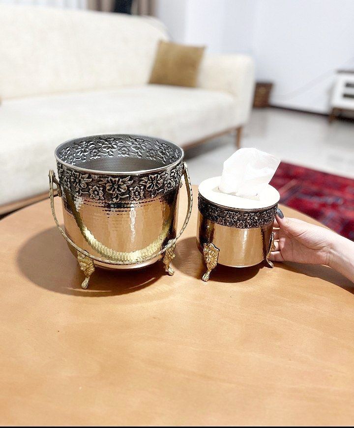 ست جا دستمال کاغذی تمام مسی کروم و سطل زباله جا کلنکسی مسی براق نانو