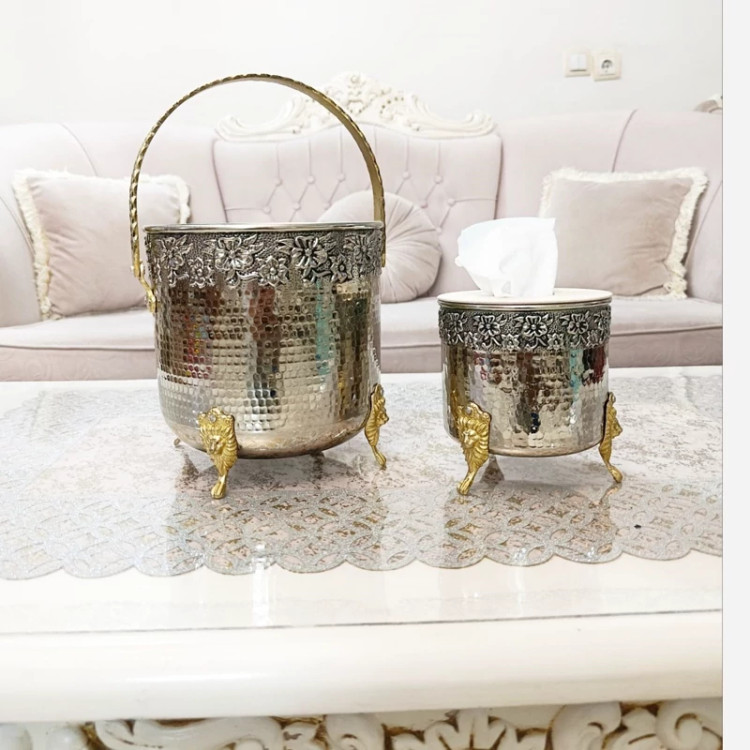 ست جا دستمال کاغذی تمام مسی کروم و سطل زباله جا کلنکسی مسی براق نانو