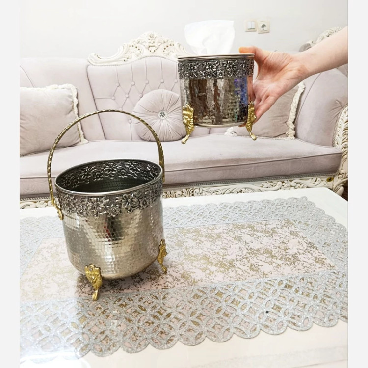 ست جا دستمال کاغذی تمام مسی کروم و سطل زباله جا کلنکسی مسی براق نانو