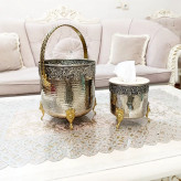 ست جا دستمال کاغذی تمام مسی کروم و سطل زباله جا کلنکسی مسی براق نانو