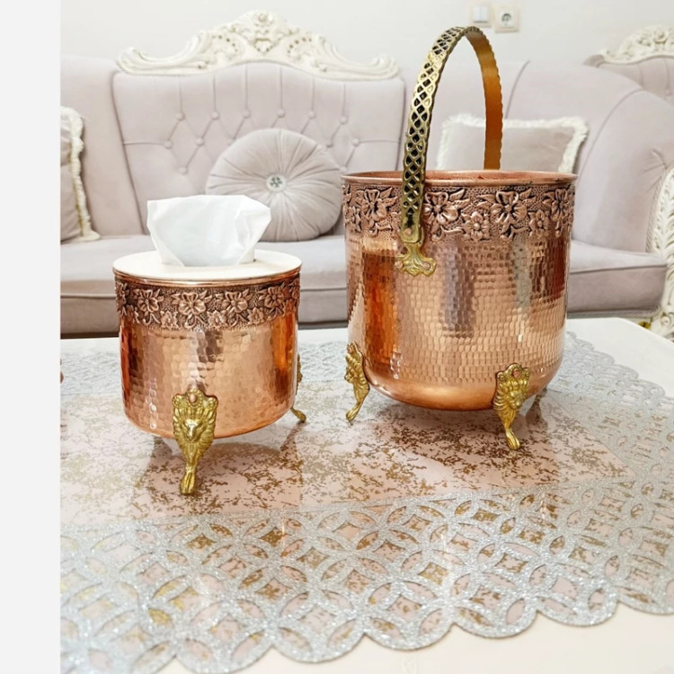 سرویس جا دستمال کاغذی مسی و سطل زباله نانو شده جا کلنکسی براق