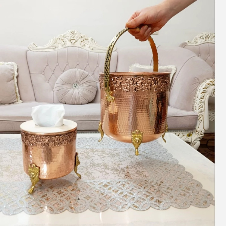 سرویس جا دستمال کاغذی مسی و سطل زباله کروم تراش نانو شده جا کلنکسی براق