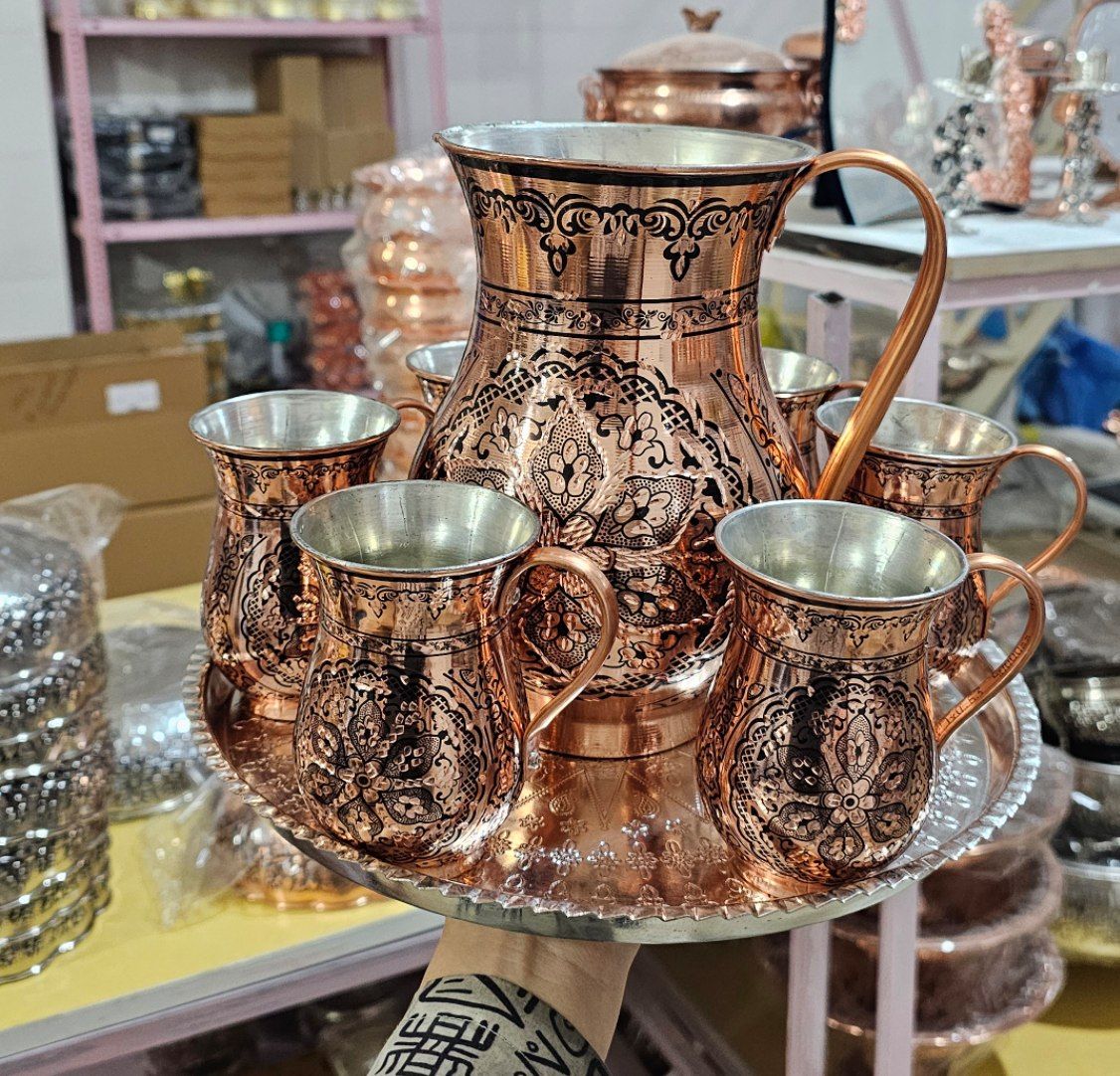 سرویس پارچ و لیوان مسی ۶ تایی الماس تراش مشکی زیبا و درجه یک اعلا