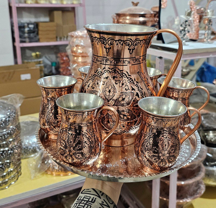 سرویس پارچ و لیوان مسی ۶ تایی الماس تراش مشکی زیبا و درجه یک اعلا
