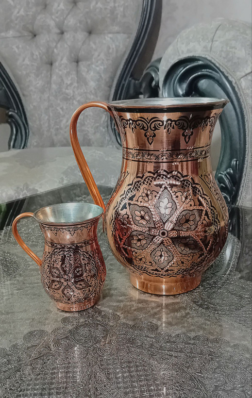 سرویس پارچ و لیوان مسی ۶ تایی الماس تراش مشکی زیبا و درجه یک اعلا