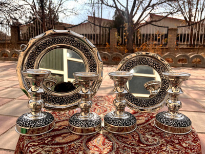آینه شمعدان تمام مس نانو شده سایز ۱ گل برجسته کاری سیاه قلم کاری شده