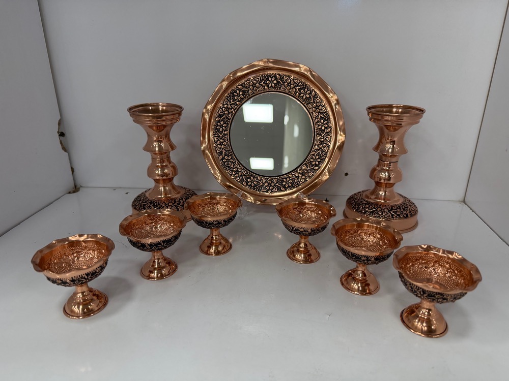 آینه و شمعدان مسی الماس سیاه قلم گل برجسته