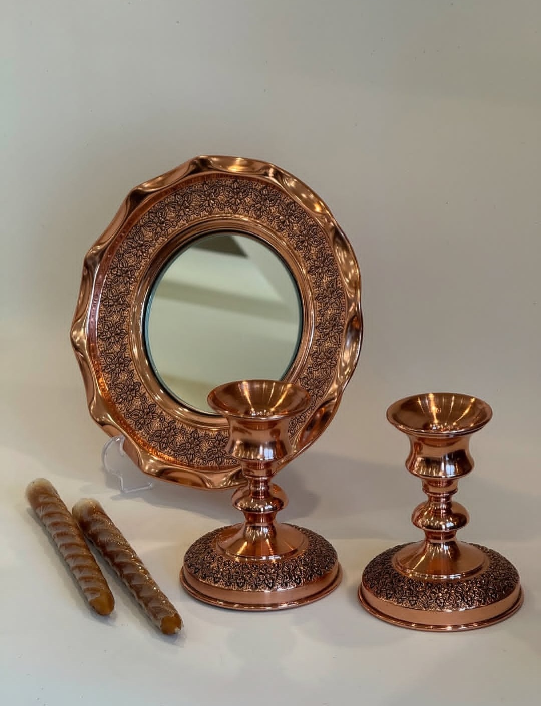 آینه شمعدان تمام مس سایز ۱ نانو شده گل برجسته