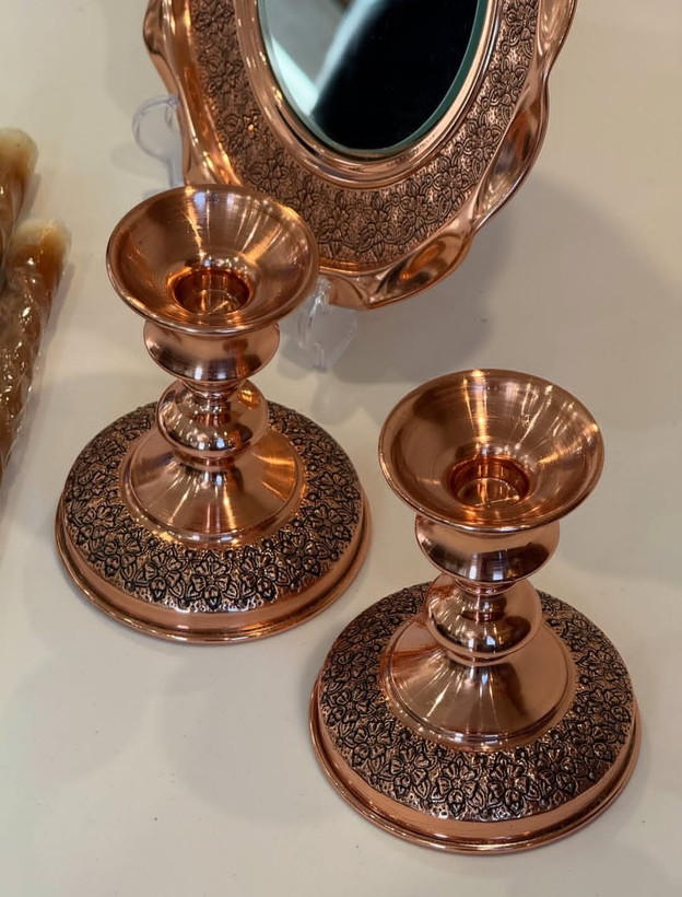 آینه شمعدان تمام مسی سایز ۱ گل برجسته کاری شده زنجان