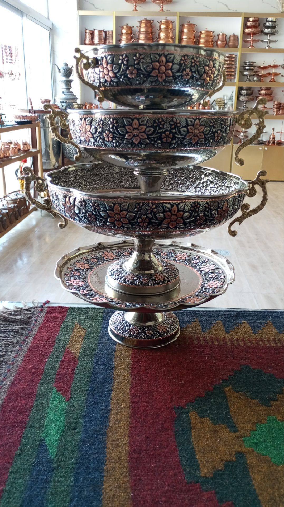 سرویس پذیرایی مسی کروم تراش ۴ تیکه سلطنتی دسته دار