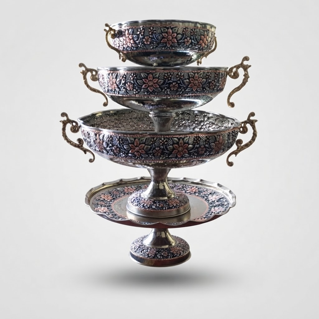 سرویس پذیرایی مسی کروم تراش ۴ تیکه سلطنتی دسته دار