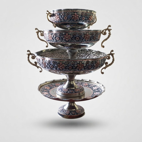 سرویس پذیرایی مسی کروم تراش ۴ تیکه سلطنتی دسته دار