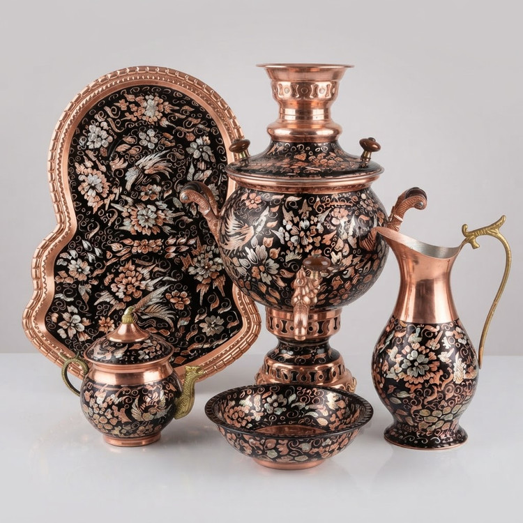 سماور مسی الماس تراش نقره کوب ۴ لیتری همراه سرویس ۵ تیکه نانو