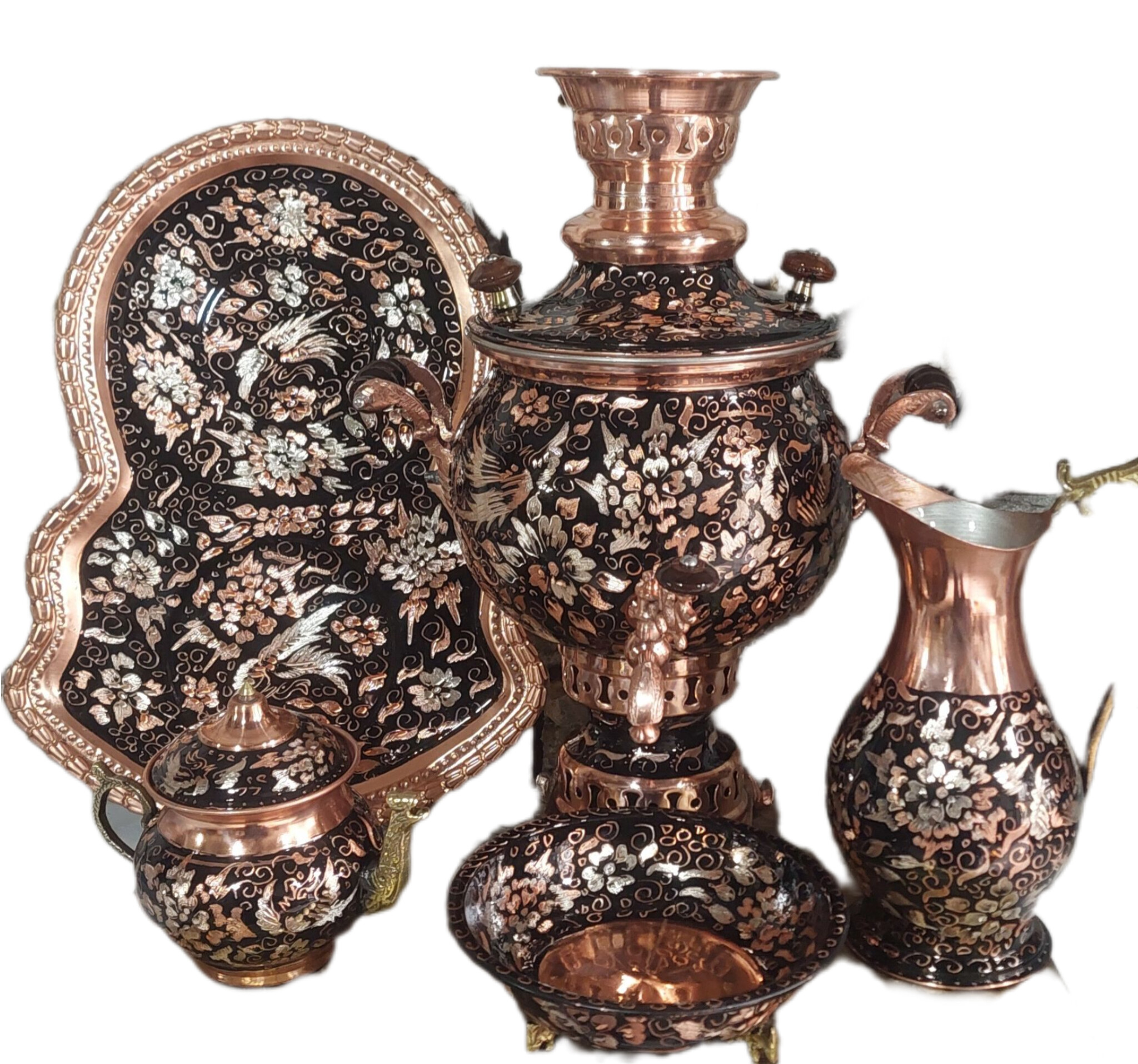 سماور مسی الماس تراش نقره کوب ۵ تیکه ارتفاع سماور با قوری ۵۳ سانت