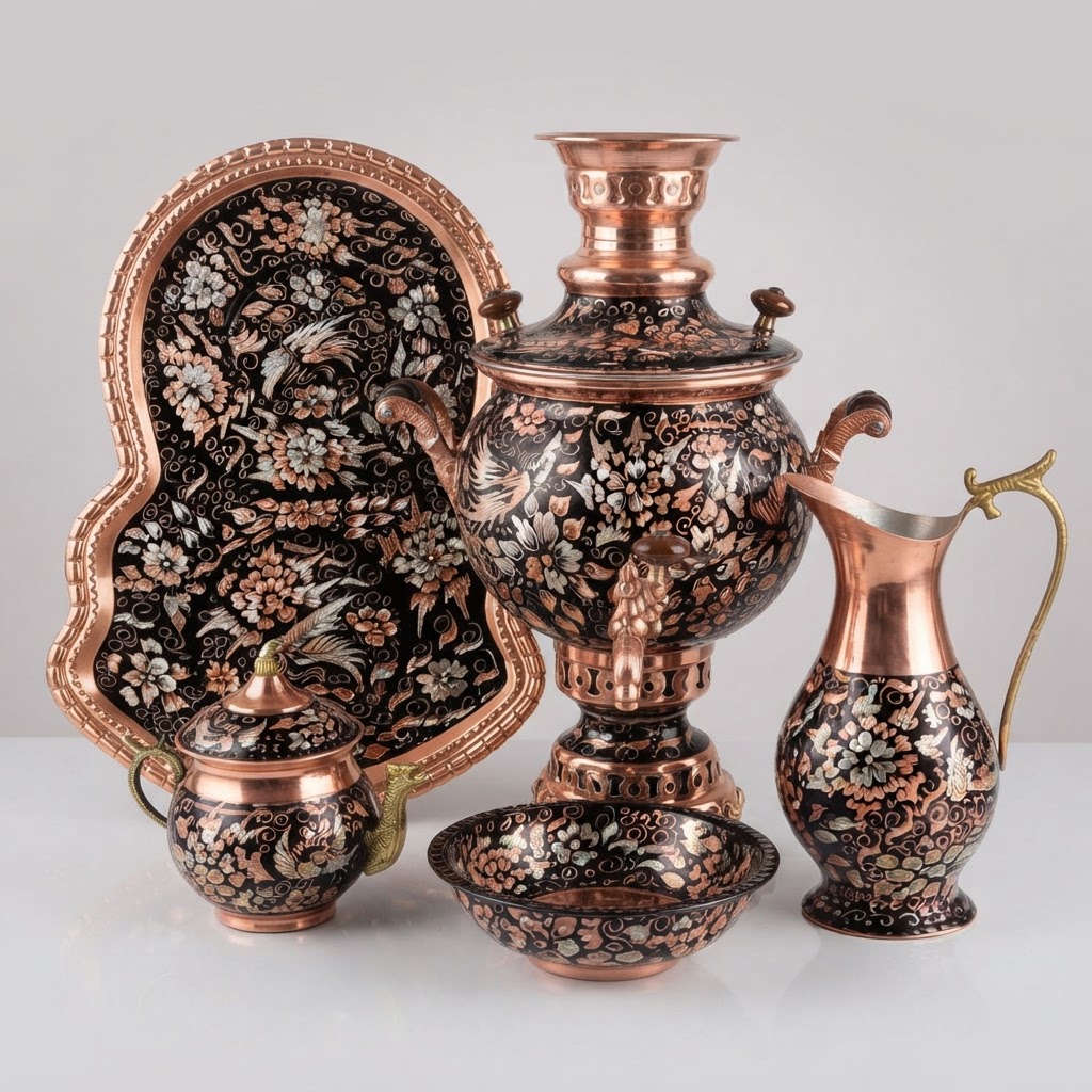 سماور مسی الماس تراش نقره کوب  ۵ تیکه ارتفاع سماور با قوری ۵۳ سانت