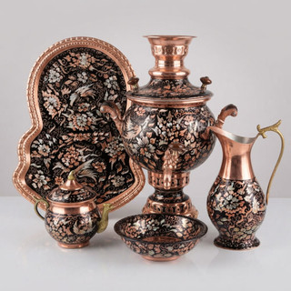 سماور مسی الماس تراش نقره کوب ۵ تیکه ارتفاع سماور با قوری ۵۳ سانت