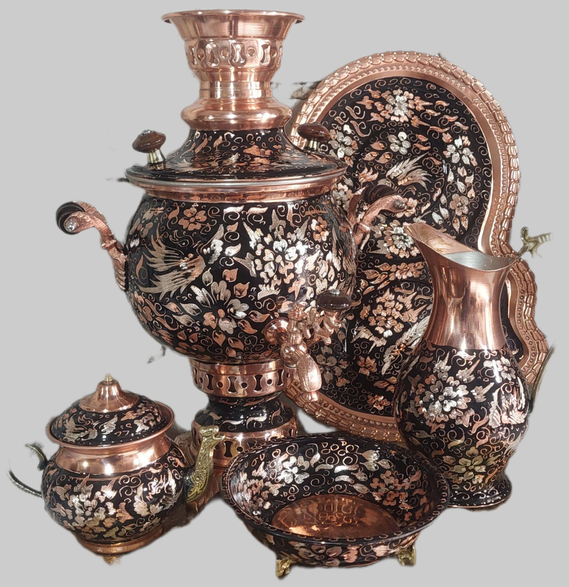 سماور مسی الماس تراش نقره کوب ۵ تیکه ارتفاع سماور با قوری ۵۳ سانت